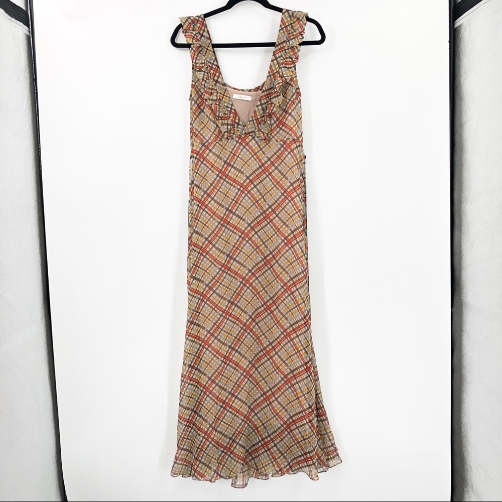 Doen Plaid Prairie Maxi Dress Emmeline Ruffle V Neck Brown Brown Orange Medium